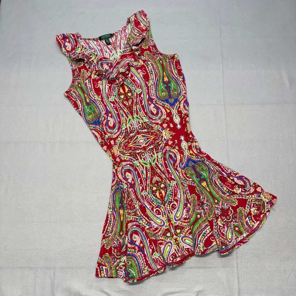 Lauren Ralph Lauren Paisley Ruffle V-Neck Dress Womens 1X Red Sleeveless Cotton